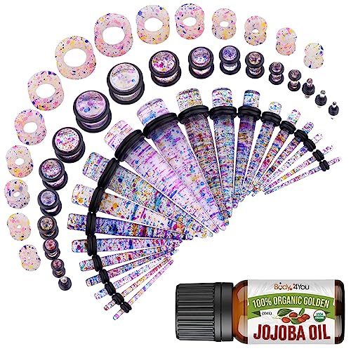 BodyJ4You 54PC Ear Stretching Kit 14G-12mm - Aftercare Jojoba Oil - Multicolor Glitter Acrylic Plugs Gauge Tapers Silicone Tunnels - Lightweight Expanders Men Women