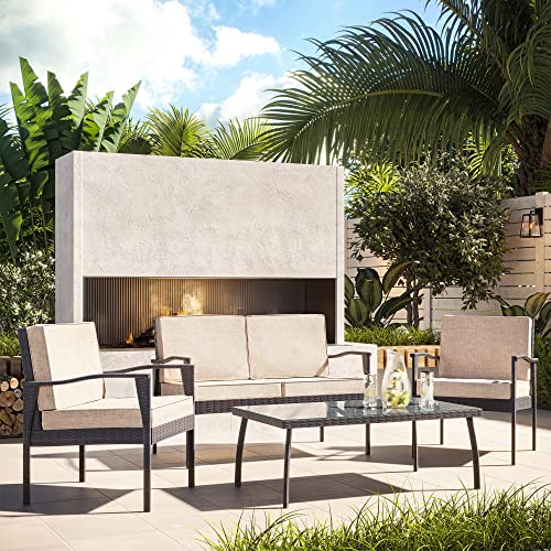 BELLEZE 4 Piece Rattan Patio Conversation Set, Glass Top Rectangular Table and Chairs with Armrests, Outdoor Wicker Furniture with Removable Cushions for Patio, Pool, Backyard, Garden - Brown