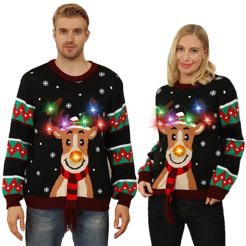DUOLZ Ugly Christmas Sweaters for Women 2023 Men,Light Up Christmas Sweater,Funny Unisex Led Reindeer Xmas Ugly Sweater for Couples Black