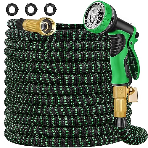 Expandable Garden Hose 100 ft Water Hose with 10 Function Spray Nozzle, Lightweight Flexible Hose with 3/4 Inch Solid Fittings and 4-Layer Latex Core, 100ft Retractable Stretch Hose, Black Green