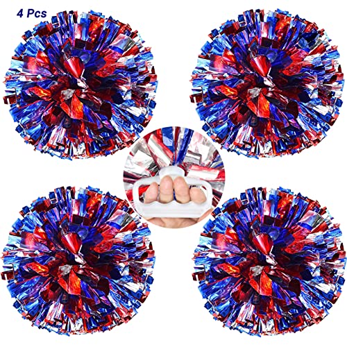AUHOKY 4 Packs Metallic Cheerleading Cheer Pom Poms, Fluffy Cheerleader Pompoms with Finger-Friendly Ring, Cheering Pom poms for Squad Team Sports Game Dance Dress Party Kids Adults(Blue/Silver/Red)