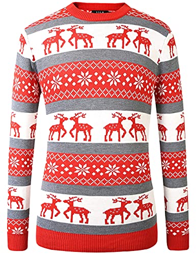 SSLR-Ugly-Christmas-Sweater-for-Mens-Funny Sweater Holiday Reindeer Knitted Pullover Crew Neck (Large, Red Grey (933))