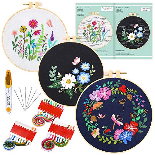 Caydo 3 Sets Cross Stitch Kits forBeginners, Adults Including Embroidery Fabric with Floral Pattern, Embroidery Hoop, Thread and Tools