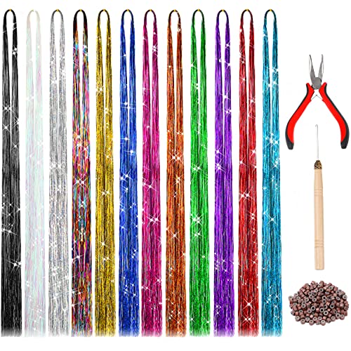 47 Inches Tinsel Hair Extension with Tool 12 Colors 2400 Strands Hair Extension Tinsel Kit Glitter Hair Extensions for Women Girls Hair Accessories for Christmas New Year Halloween Cosplay Party