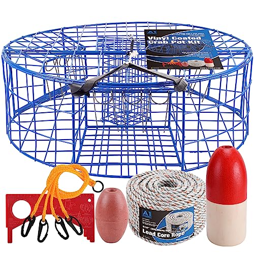 A1FISHER Heavy Duty Crab Pot Trap Blue Coated 3 Tunnel with 2 Doors(30''Dia-10''Tall) Crabbing Kit