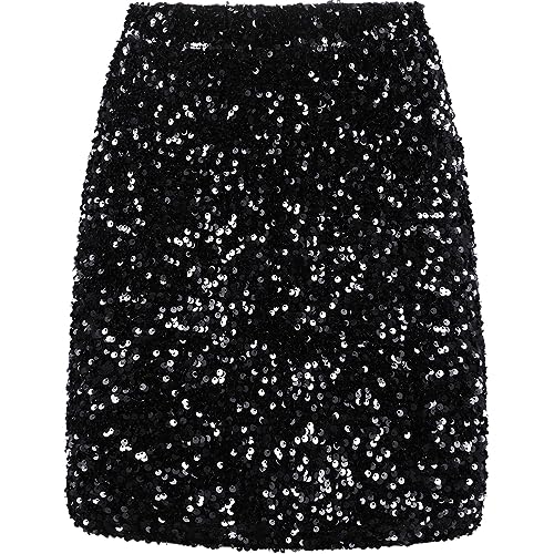 REEMONDE Women's Sequin Skirt Sparkle Stretchy Bodycon Mini Skirts Night Out Party (M, Black)