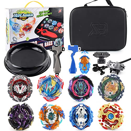 Bey Burst Gyro Blade Set - 8 Spinning Tops, 2 Launchers, Metal Fusion Combat Game in Portable Storage Box for Kids, Children, Boys Ages 6+ - Battling Top Fun (8)
