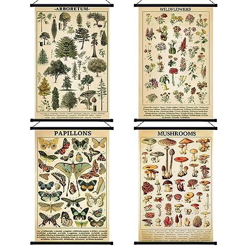 Lewtemi 4 Pcs Vintage Mushroom Wildflowers Poster Fungus Butterfly Tree Wall Hanging Poster Prints Illustrative Reference Chart Poster for Classroom Living Room Decor, 15.7 x 23.6 Inch(Rustic, Vivid)