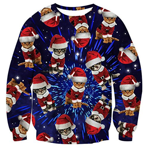 RAISEVERN Unisex Christmas Cats 3d Print Graphic Long Sleeves Sweater Sweatshirt Pullover for Teens, 2017 Style Christmas Space Cat, X-Large