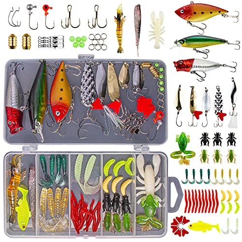 GOANDO Fishing Lures Kit for Freshwater Bait Tackle Kit for Bass Trout Salmon Fishing Accessories Tackle Box Including Spoon Lures Soft Plastic Worms Crankbait Jigs Hooks