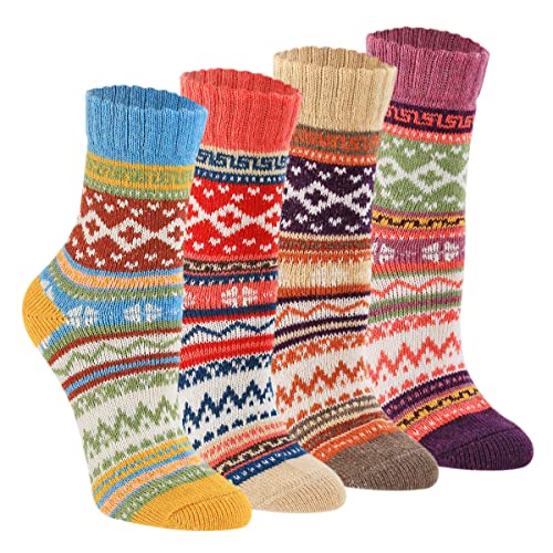 Keaza Women's Vintage Style Cotton Knitting Wool Warm Winter Fall Crew Socks - C1 (4 Pack)