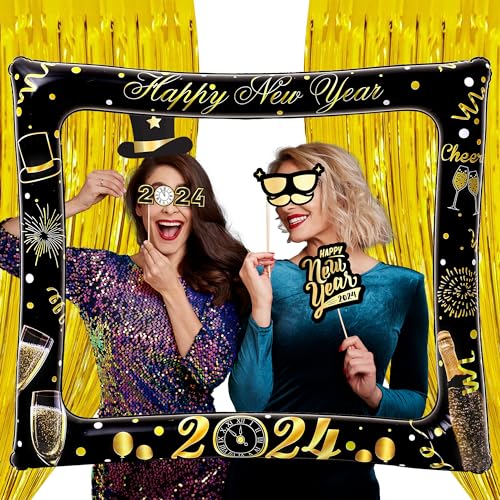 KatchOn New Year Photo Booth Frame Kit - 38 Pieces, New Years Photo Booth Props 2024, Gold Foil Fringe Curtain | 30 Inch New Years Eve Picture Frame, NYE Decorations, New Years Eve Party Supplies 2024
