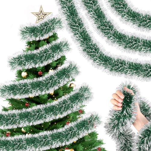 Hotop 164 ft Christmas Frost Tip Tinsel Garland Glitter Silver Edge Metallic Streamers Christmas Tree Hanging Twist Garland Decorations for Indoor and Outdoor Holiday Party Supplies (Green)