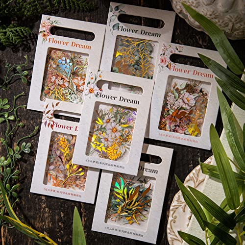 LakoArt 240 Pieces Gold Foil Botanical Stickers with Clear Background, Holographic Flower Eucalyptus Scrapbooking Sticker Floral Decals for Journaling Bullet Journal Planner Card Making DIY Crafts