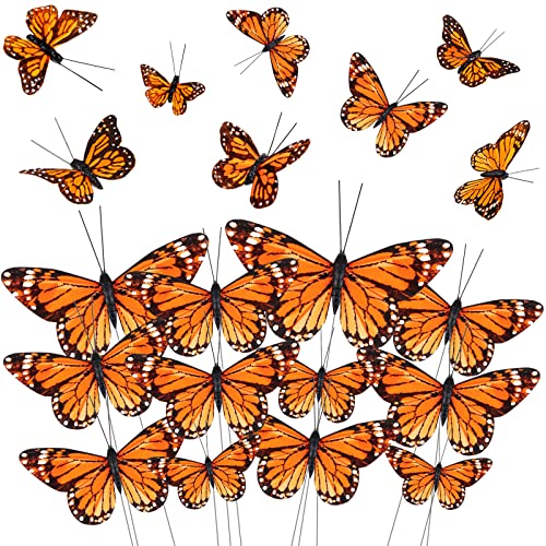 Giegxin 24 Pcs Monarch Butterfly Decorations 4 Size Artificial Monarch Butterfly Feather Butterfly Decor on Picks Butterflies for Crafts Fake Butterflies with Wire Butterfly Wall Decor (Orange)