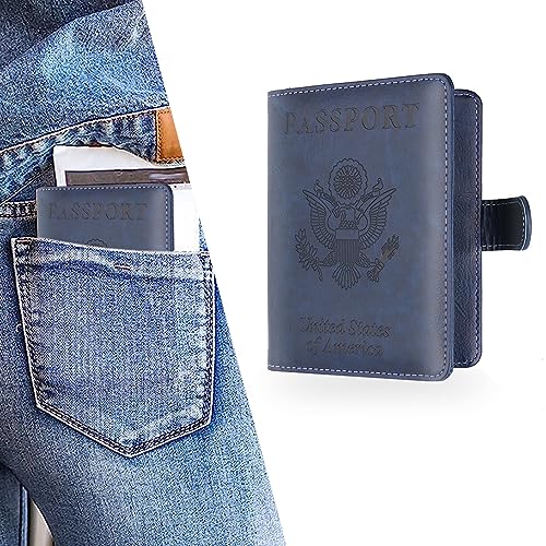 gunhunt Pack-1 Passport and Vaccine Card Holder Combo, PU Leather Functional Travel Document Cover Case, Multiple Card Slots Hold Passport, Air Ticket, Bank Card, ID Card, Credit Card (Blue)