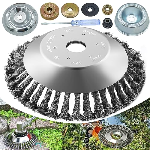 NeJesZoe 8 Inch Steel Wire Rotary Weed Brush Cutter Trimmer Head Weed Eater Cutter Blade with Universal Adapter Kits for Stihl Husqvarna String Trimmer Gardening Lawnmower Moss Grass Rust Removal etc