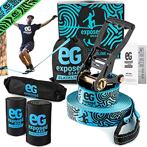 EG Exposed Gear Slackline Kit with Tree Protectors, High Grade Ratchet + Cover, Set Up Instruction Booklet and Carry Bag | Classic 60 ft Slack Line Set | Perfect Slackline for Kids and Adults