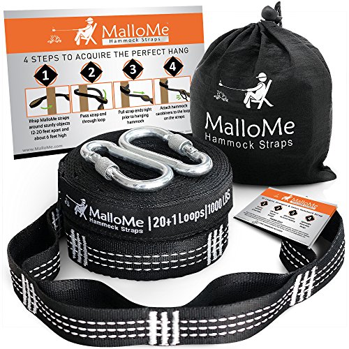 MalloMe XL Hammock Straps - Hammock Tree Straps Set 2000+ LBS Heavy Duty 40 Loops & 100% No Stretch Suspension System Kit - Camping Hammock Accessories | 2 Carabiners | 12 Feet Black