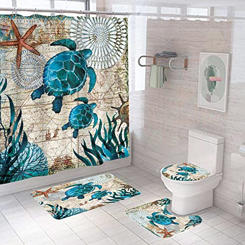 DDS-DUDES Sea Turtle Shower Curtain Set for Bathroom, Ocean Bathroom Sets with Shower Curtain and Rugs Polyester Fabric Waterproof Curtains with Hooks 71' x 71' (Ocean 1)
