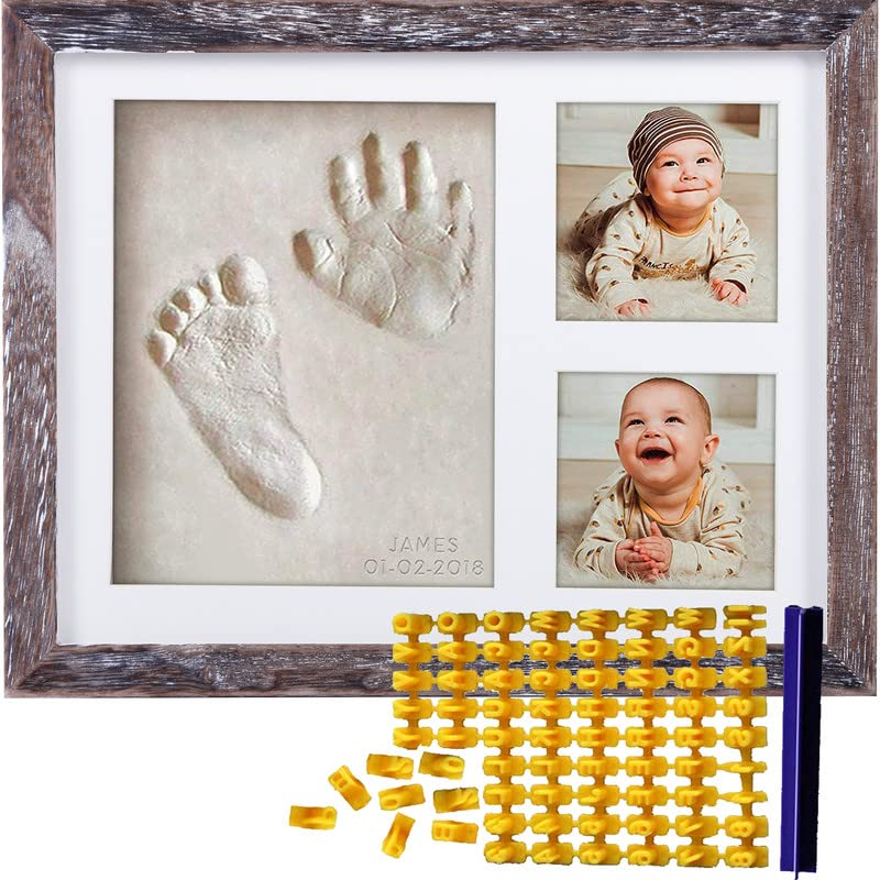 Co Little Baby Handprint & Footprint Kit (Date & Name Stamp) Clay Hand Print Picture Frame for Newborn - Best New Mom Gift - Foot Impression Photo Keepsake for Girl & Boy - White Feet Imprint Mold