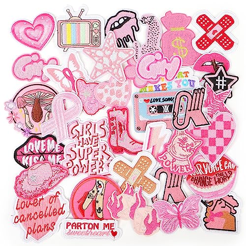 NICEVINYL Embroidered Preppy Iron on Patches: 35PCS Pink Embroidery Sew on Applique Patch for Clothing