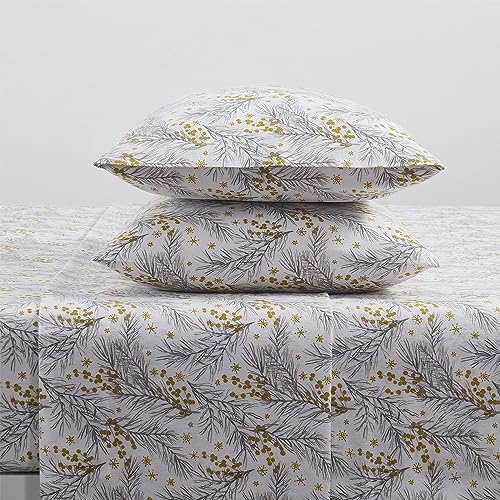 Tahari Home - King Sheets, 4-Piece Cotton Flannel Bedding with Matching Pillowcases, Soft & Cozy Home Decor (Pine Gold, King)