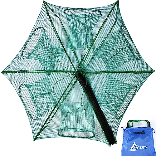 Drasry Fishing Bait Trap Foldable Fish Minnow Crab Crayfish Crawdad Shrimp Net Trap Cast Net Dip Cage Collapsible Easy Use Hexagon 6 8 12 Hole Fishing Accessories (Green-6 Holes)