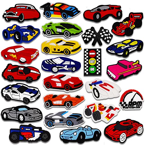 25PCS Racing Car Shoe Charms for Croc Bubble Slides Clogs Sandals, Speeding Car Shoe Accessories Decorations for Girls Women Teens Adults
