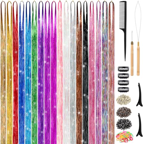 Hair Tinsel Kit (48 Inch, 18 Colors, 4320 strands), Tinsel Hair Extensions with Tools， Heat Resistant Fairy Hair Tinsel Kit for Women Girls Hair Accessories