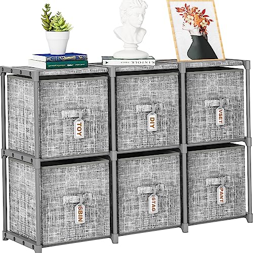Cube Storage Organizer Shelf with 6 Printed Drawers + Labels, Toy Cubby Storage Organizer with Drawers for Clothing, Large Capacity Shelves for Storage,Closet Bedroom Kids Room/Dorm/Clothes/Yarn