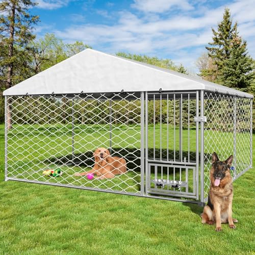 Yafylly 10x10 Large Outdoor Dog Kennel with Roof, Heavy Duty Dog Kennel Outside with Waterproof Tarpaulin and Rotating Feeder Bowls, Covered Dog Outdoor Kennel for Small Medium Large Dogs