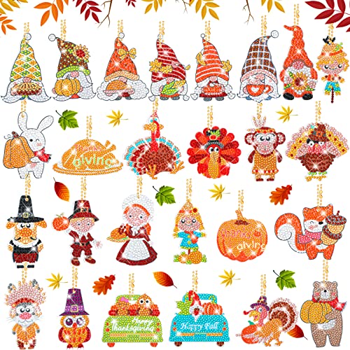 26 Pcs Thanksgiving Diamond Painting Keychains Diamond Art Ornaments Key Chain 5D Resin DIY Diamond Painting Key Ring Rhinestone Pendant Ornament for Xmas Halloween Valentine's Day (Gnome Style)