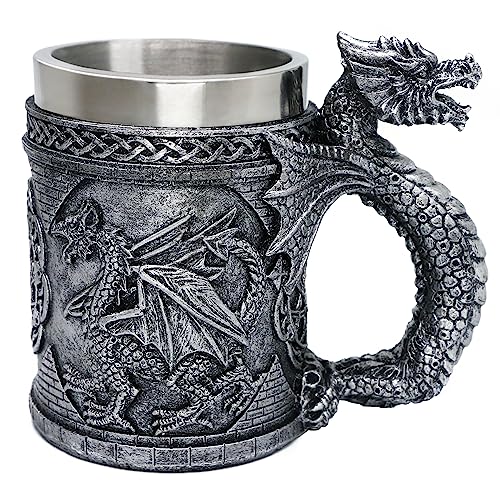 alikiki Medieval GOT Dragon Mug - Dungeons and Dragons Coffee Mug Gifts for Men - 14OZ Stainless Drinking Cup Beer Steins Dragon Themed Party Decoration