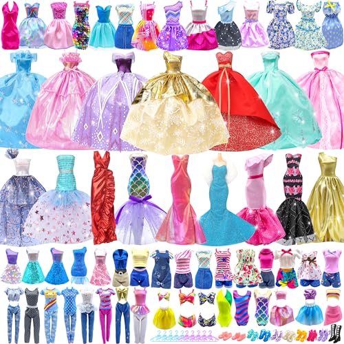 Style Shine 50 Pack Doll Clothes and Accessories, 4 Wedding Gowns 2 Evening Dresses 6 Fashion Dresses 6 Set Casual Outfits Top and Pant 2 Swimsuit Bikini, 20 Hanger 10 Shoe Toys for Girl Birthday Gift