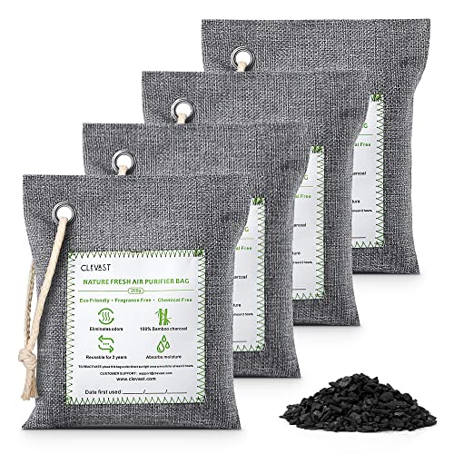 CLEVAST Bamboo Charcoal Air Purifying Bags(Large, 4x200g) Activated Natural Home Odor Absorber, Deodorizer and Moisture Eliminator, Purifier for Closet, Shoe, Car Air freshener, Pet Safe