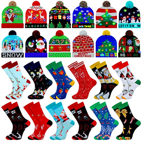 JaGely 24 Pcs Christmas Light up Hat Christmas Knitted LED Christmas Beanie with Funny Crew Socks Adults LED Christmas Hat Adults Gifts for Christmas Multicolored