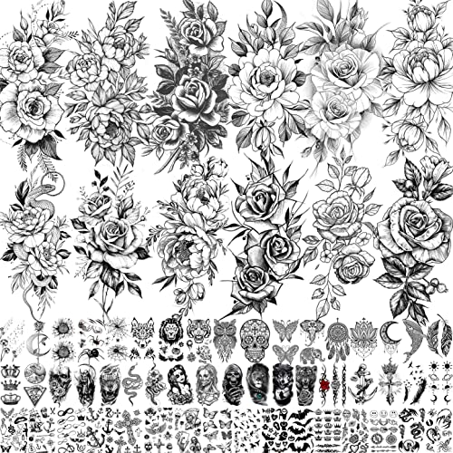 VANTATY 63 Sheets Realistic Black Rose Peony Flower Temporary Tattoos For Women Body Art Arm Neck Thigh, 3D Sexy Snake Floral Long Lasting Temp Sleeve Tattoos Stickers Adults Girls, Fake Tattoos That Look Real And Last Long