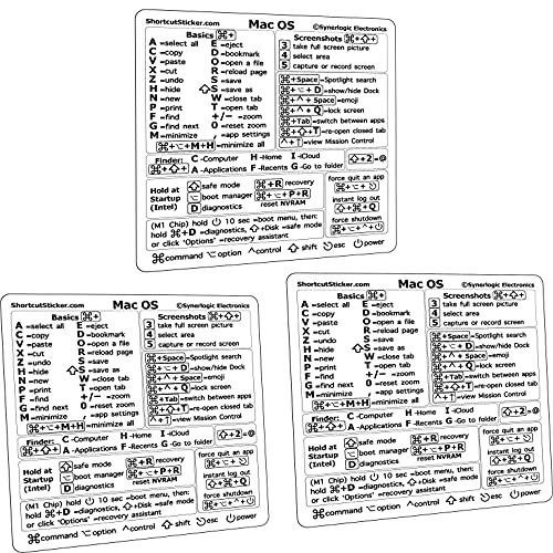 SYNERLOGIC (3pk) MacOS M1+Intel Monterey/Big Sur/Catalina/Mojave Keyboard Shortcuts, Clear Vinyl Sticker, No-Residue Adhesive, for 13-16' MacBook Pro/Air/Mac Mini/iMac