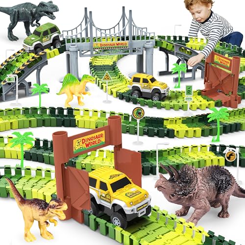 Dinosaur Toys-Create A Dinosaur World Road Race-Flexible Track Playset ,4 Dinosaurs and 2 Race Car Toys for 3 4 5 6 Year & Up Old boy Girls Best Gift