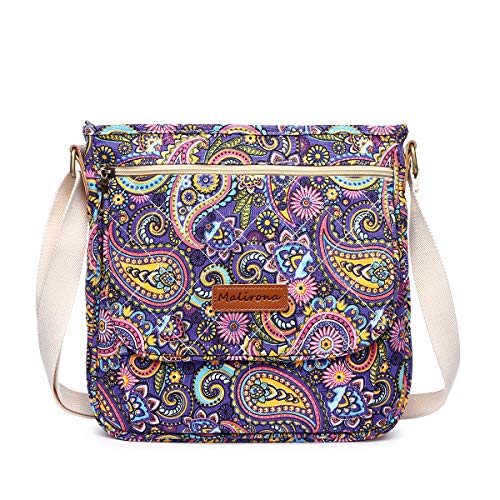 Malirona Women 's Durable Floral Crossbody Bag Canvas Messenger Handbag Multi Pocket Travel Satchel Purse (Purple Flower)