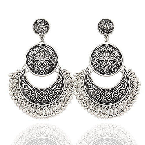 RechicGu Vintage Silver Ethnic Bali Jhumka Jhumki Lotus Mexico Gypsy Dangle Earrings Traditional Ear Studs with Gift Box