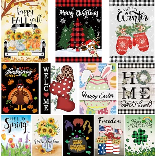 Pating Seasonal Garden Flags Set of 12 Double Sided 12 x 18 Inch Yard Flags, Small Garden Flags for Outside, Fall Winter Halloween Christmas Outdoor Flags, Holiday Garden Flags for All Seasons