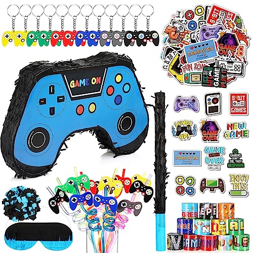 Meooeck 90 Video Game Party Favors Include Game Controller Pinata with Blindfold Baton Confetti Slap Bracelet Keychain Straw Sticker Gamer Party Favors Gamer Birthday Decorations for Theme (Blue)