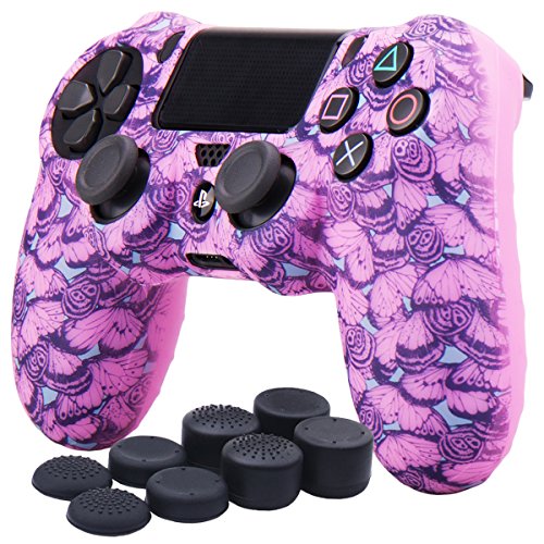 YoRHa Water Transfer Printing Butterfly Silicone Cover Skin Case for Sony PS4/slim/Pro Dualshock 4 Controller x 1(Pink) with Pro Thumb Grips x 8
