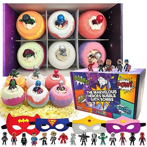 Cuddle Monkeyz 6 pcs Superhero Bath Bombs for Kids with Surprise Toy Inside | Organic Minerals Bubble Bath Fizzies for Boys