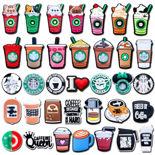 Shiomay 20Pcs Coffee Shoes Decoration Charms for Kids Girls Boys Teens Women Men, Cat Coffee Charms for Clog Sandals Bracelets Decoration Party Favor