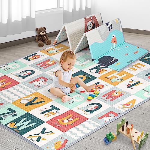 MEM Baby Play Mat 71' x 59', Foldable Baby Play Mats for Floor, Reversible Waterproof Foam Playmat for Babies and Toddlers, Large Non-Slip Baby Crawling Mat with Travel Bag