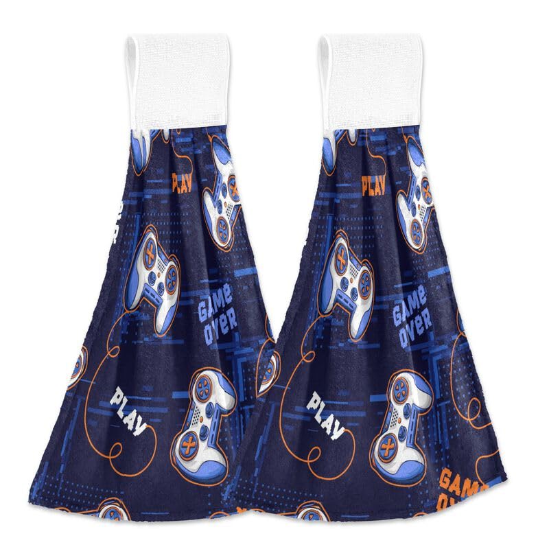 KOCOART Joystick Gamepads Hanging Kitchen Towels Game Controller Hand Towel with Loop 2 Pack Soft Tea Bar Dish Cloth Dry Towel Super Absorbent Fingertip Towel for Bathroom Laundry Room
