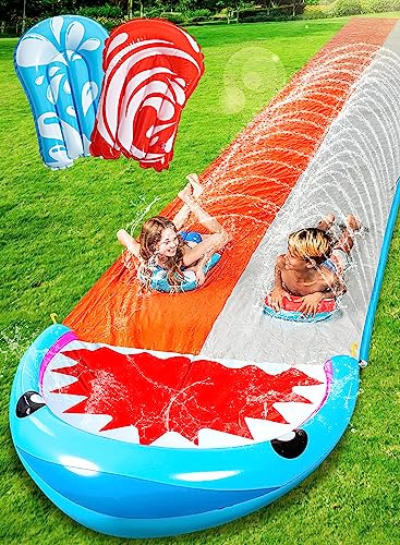 Sloosh 21ft Water Slides with 2 Boogie Boards Backyard Outdoor Lawn Slip Waterslide 2 Sliding Racing Lanes with Sprinklers Summer Toy 21ft x 62in, Shark